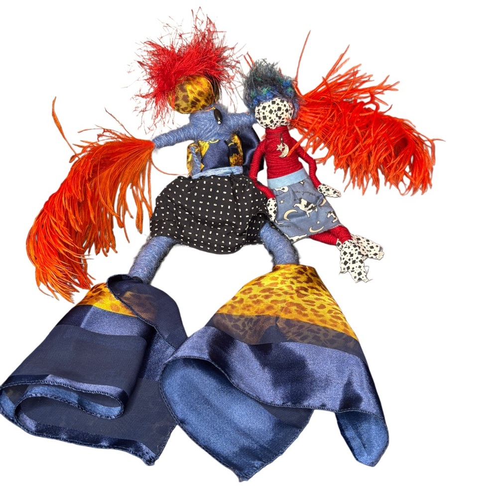 Colorful Handmade Art Intention Dolls with Orange and Blue Accents. Artist Made